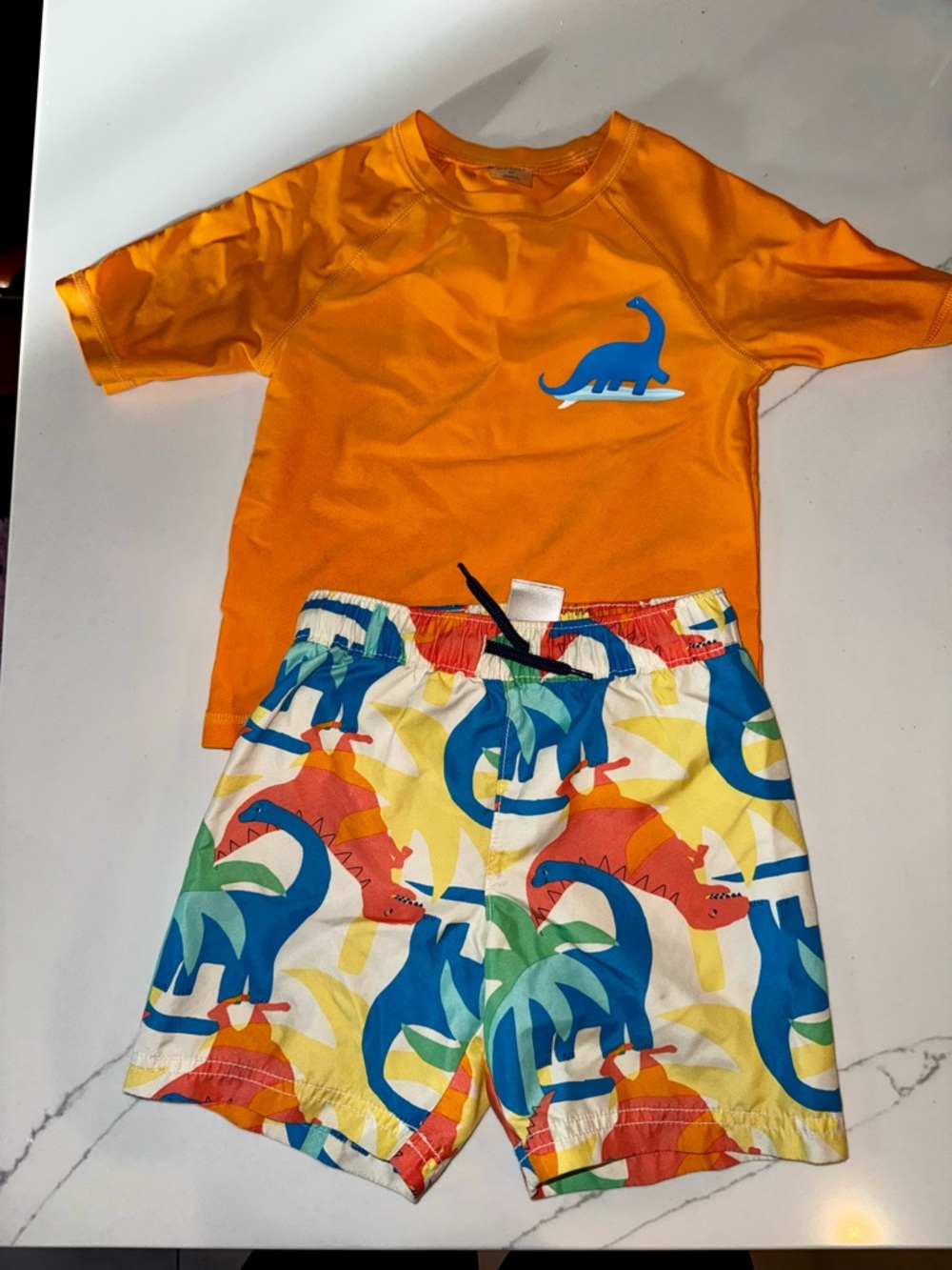 Old Navy Orange Rash Guard Top with Blue Dinosaur Graphic